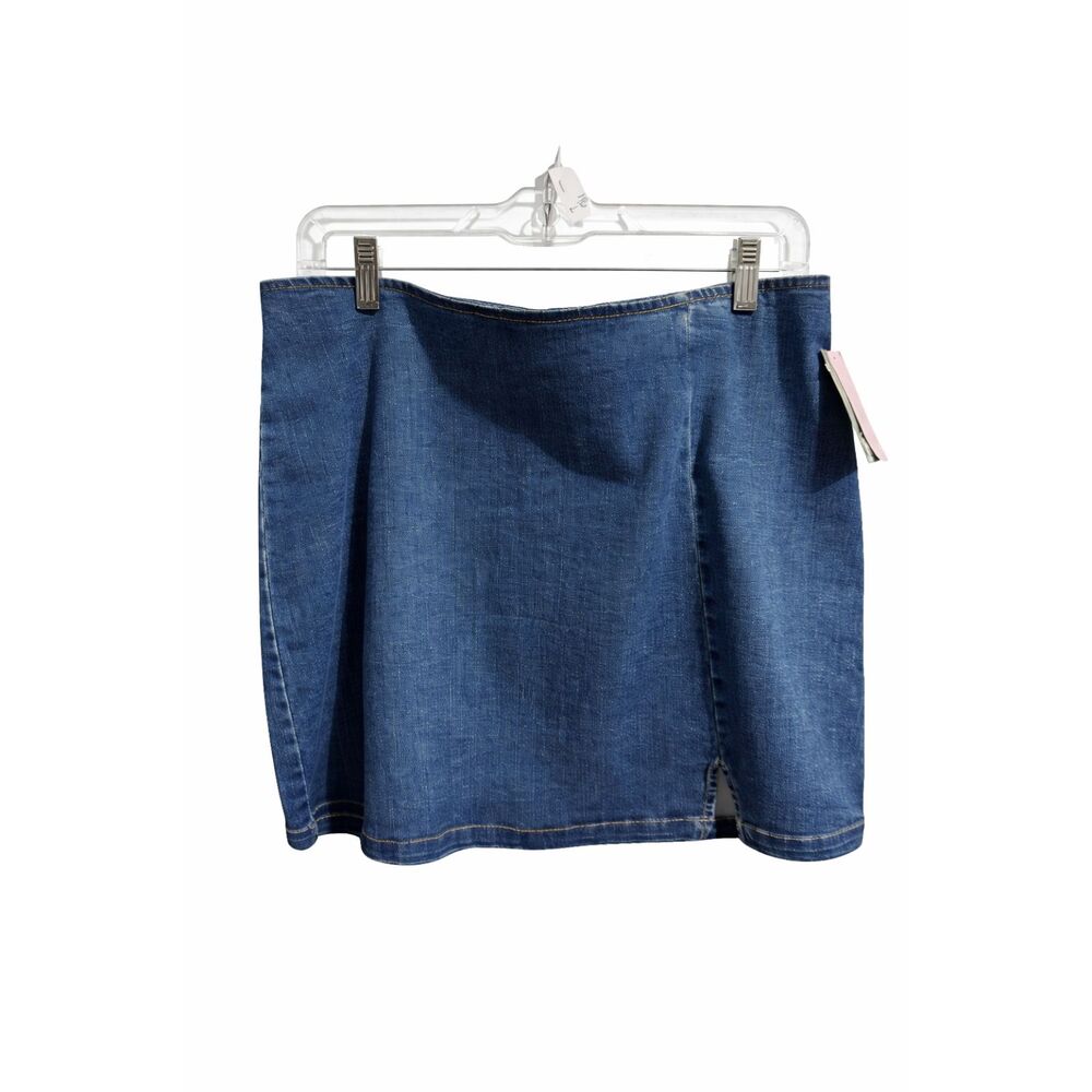 Women’s Blue Denim Mini Skirt with Front Slit –High Waist Stretch Jean Skirt